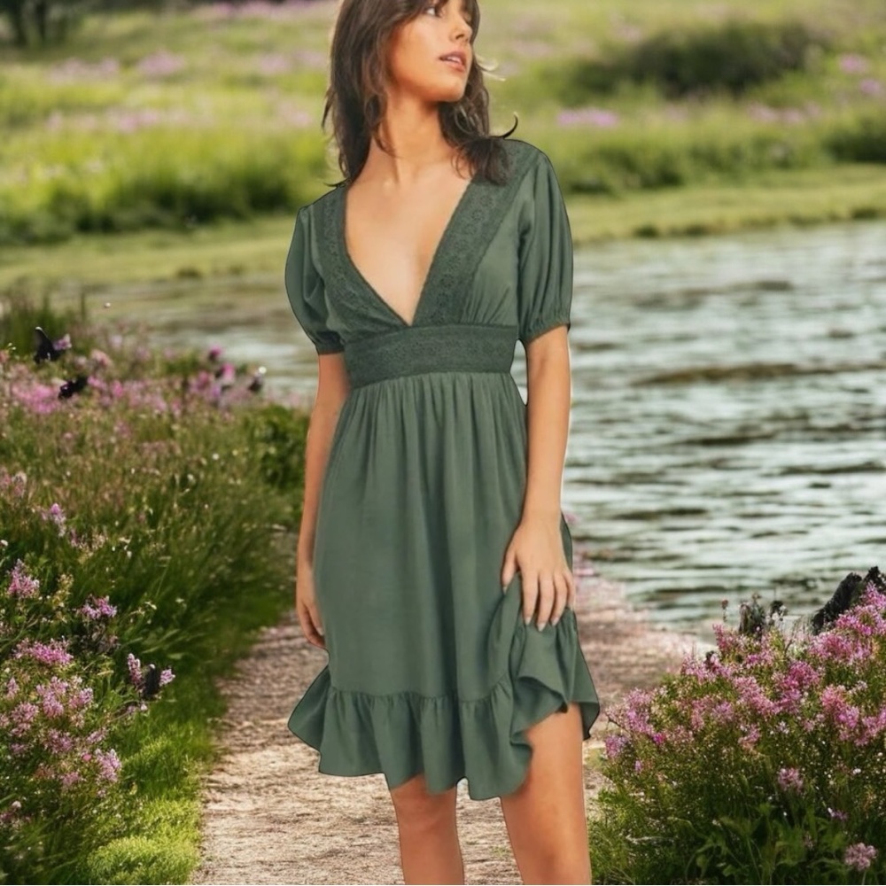 Sage The Label Green Hope Mini Fit and Flare Eyelet Dress Sz S Summer Farmhouse